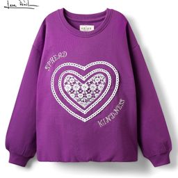 Arias 100% Cotton Fleece Knit Full Sleeves Sweatshirt With Balloon Hem & Lace Detailing - Purple-image-33