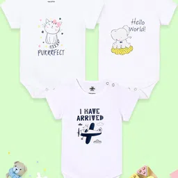 The Mom Store Cotton Knit Pack Of 3 Half Sleeves Animals & Typography Printed Onesie - White-picture-45