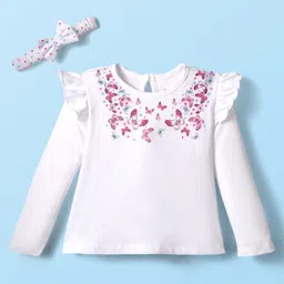 Babyhug 100% Cotton Knit Top & Hairband with Butterfly Print & Frill Detailing - White-picture-35
