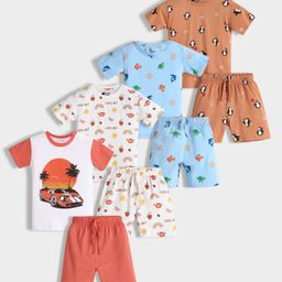 Orange Sugar 100% Cotton Knit Pack Of 4 Half Sleeves Sea Life & Penguins Printed Coordinating Tee Shorts Set - Multi Colour-picture-3