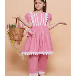 MODISH COUTURE Cotton Woven Half Puffed Sleeves Floral Lace Embellished Kurti Palazzo Set - Baby Pink-picture-4