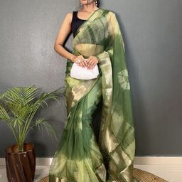 V3 FASHION STUDIO Tie and Dye Zari Organza Handloom Leheriya Saree-image-60