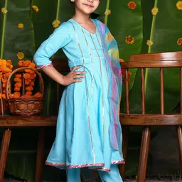 Thread & Button Girls Striped Regular Kurta with Trousers & With Dupatta image 4