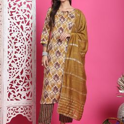 Rajnandini Ethnic Motifs Printed V Neck Straight Kurta With Trousers & With Dupatta-image-24
