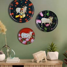 Homspurts Pichwai Black & Red 3 Pieces Cow Printed Metal Wall Plates-15