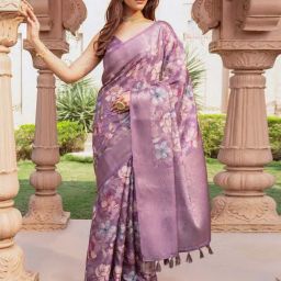 Soch Lavender Tussar Floral Saree With Stitched Blouse-picture-47
