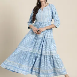 Juniper Women Blue Ethnic Motifs Printed Lace Inserts Maxi Tiered Dress-picture-13