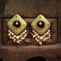 Panash Gold-Plated & Green Square Shaped Drop Earrings image 1