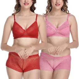 AROUSY Red & Pink Self Pattern Bra Panty Set - Pack Of 2-13