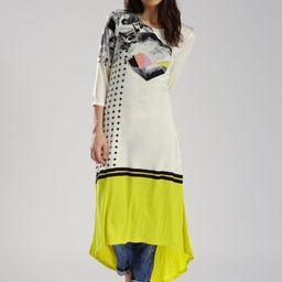 W Off-White Yellow Printed High-Low A-Line Kurta-image-48