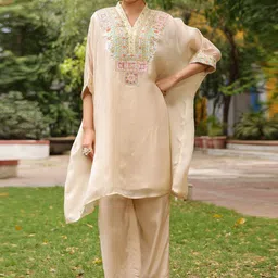 SCAKHI Beige Embroidered Organza Silk Kaftan Set-picture-22