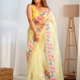 Saree Mall Yellow Embroidered Sarees With Unstitched Blouse-picture-25
