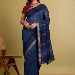 Taneira Blue Printed Saree With Unstitched Blouse-image-95