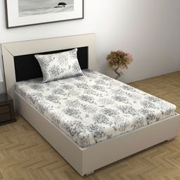 Divine Casa Grey Melange & White Floral 144 TC Single Bedsheet with 1 Pillow Covers-image-87