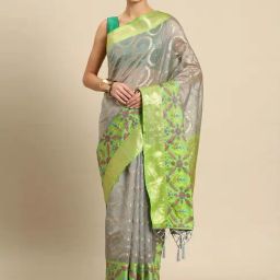 JUST FASHION Grey Silk Woven Saree With Unstitched Blouse-image-66