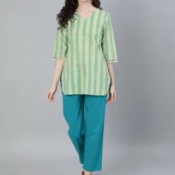 Jaipur Kurti Green & Blue Printed Kurti With Pyjamas-image-2