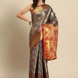 JUST FASHION Navy Silk Woven Saree With Unstitched Blouse-picture-17