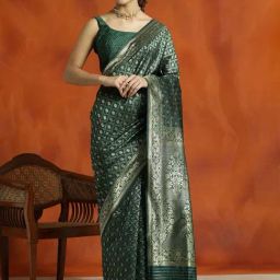 Jaipur Kurti Green Woven Saree With Unstitched Blouse-picture-49