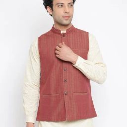 Fabindia Maroon Striped Mandarin Collar Nehru Jacket-picture-28