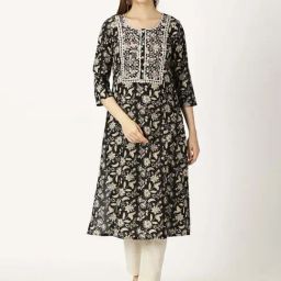 Saffron Threads Black Cotton Printed Straight Kurta-image-78