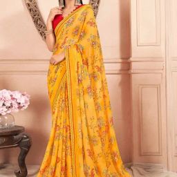 Satrani Yellow Floral Print Saree With Unstitched Blouse-image-85