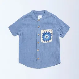HOP Kids by Westside Dusty Blue Crinkle-Textured Cotton Shirt-picture-48