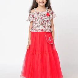 Lil Drama Kids Red & Beige Floral Print Lehenga with Choli-12