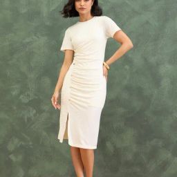 Iconic Cream Skinny Fit Textured Dress-image-24