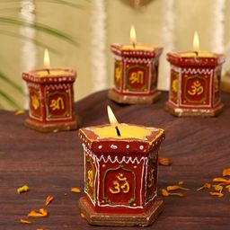Aapno Rajasthan Maroon & Green 4 Pieces Printed Terracotta Tulsi Candle Diyas-picture-23