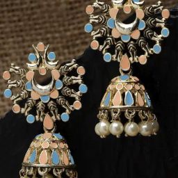 Karatcart Gold-Plated Peach And Light Blue Meena Jhumki Earrings for Women-48