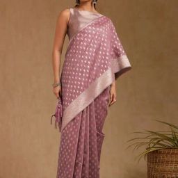 Soch Onion Pink Tussar Zari Saree With Stitched Blouse-image-73