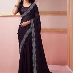 Satrani Purple Embellished Saree With Unstitched Blouse-image-69