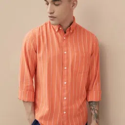 Fame Forever By Lifestyle Peach Cotton Regular Fit Striped Shirt-picture-7