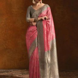 Soch Coral & Grey Woven Saree With Unstitched Blouse-image-17
