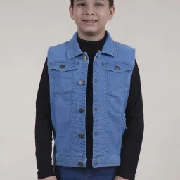 Kiddopanti Boys Light Wash Blue Solid Coats Jackets-image-36