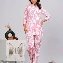 Ichaa Pink Rayon Floral 3/4th sleeves Night Suits-image-29