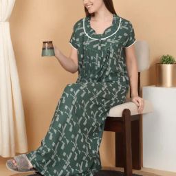 Sweet Dreams Green Cotton Regular Fit Geometric Print Night Dress-image-91