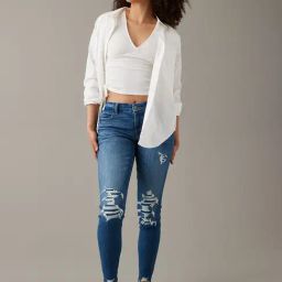 American Eagle Outfitters Blue Cotton Distressed Mid Rise Jeans-image-32