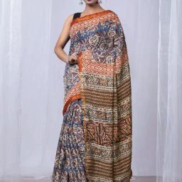 Unnati Silks Blue Printed Saree With Unstitched Blouse-image-2