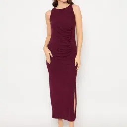 MADAME Wine Polyster Self Sleeveless Maxi Dress-image-22