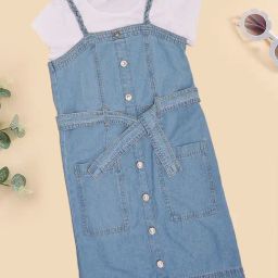 Pantaloons Junior Girls Blue Yonder Solid Dungaree Set-picture-30