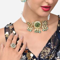 Zaveri Pearls Green Beads & Kundan Traditional Choker Necklace Earring & Ring Set-ZPFK11066-22