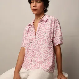 Only Pink & White Cotton Self Design Shirt-image-69