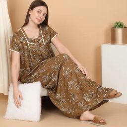 Sweet Dreams Khakhi Cotton Regular Fit Geometric Print Night Dress-17