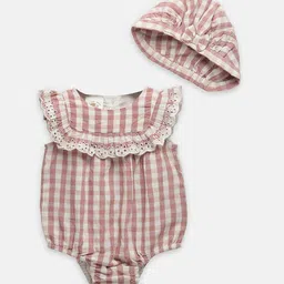 THE BABY TRUNK Infant Girls Rust Check Bodysuit with Cap-image-38