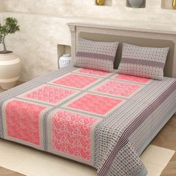 Myntra Elegant Homes Pink & Grey Ethnic Motifs 210 TC Queen Bedsheet with 2 Pillow Covers-image-70