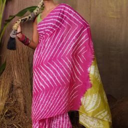 Unnati Silks Pink & Green Cotton Printed Saree With Unstitched Blouse-image-45