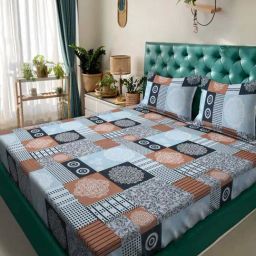 Klotthe Sky Blue & Brown 300 TC Polycotton Double Book Fold Bedsheet with 2 Pillow Covers-image-86