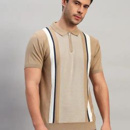 Cantabil Beige Regular Fit Striped Polo T-Shirt-image-31