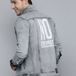 HERE&NOW Men Grey Typography Printed Washed Denim Jacket-picture-24